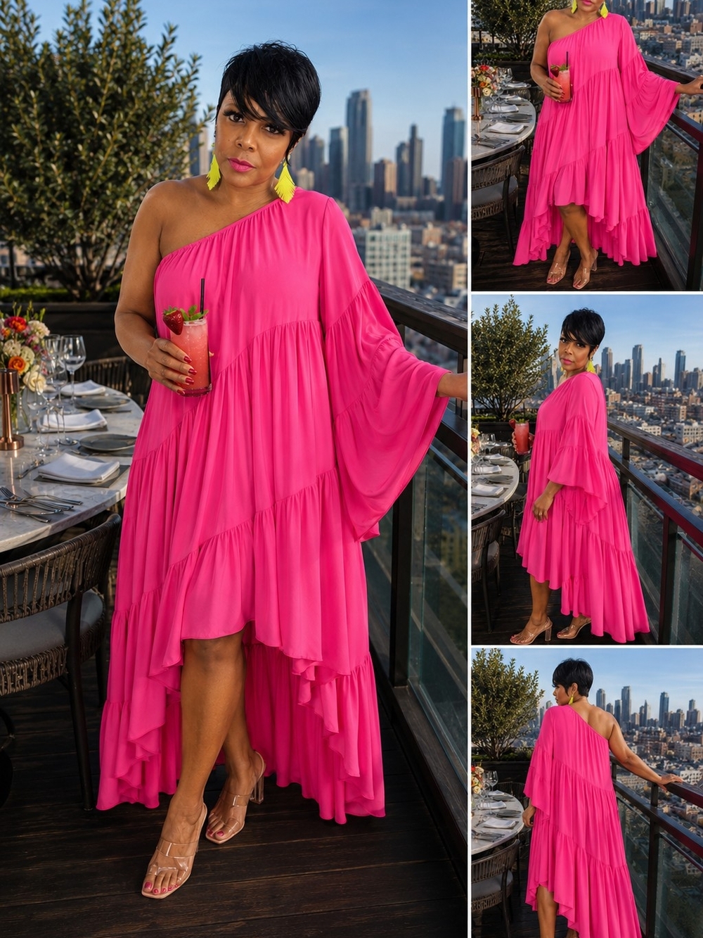 One-Shoulder Hot Pink Tiered Maxi Dress - Women's